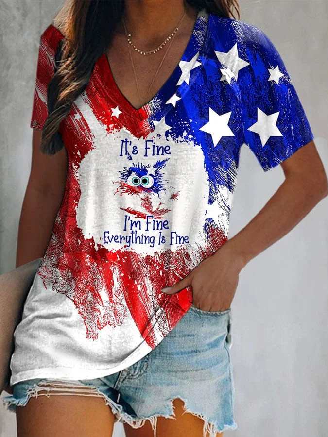 Women's It's Fine I'm Fine Everything Is Fine Flag Print V-Neck Casual T-Shirt socialshop