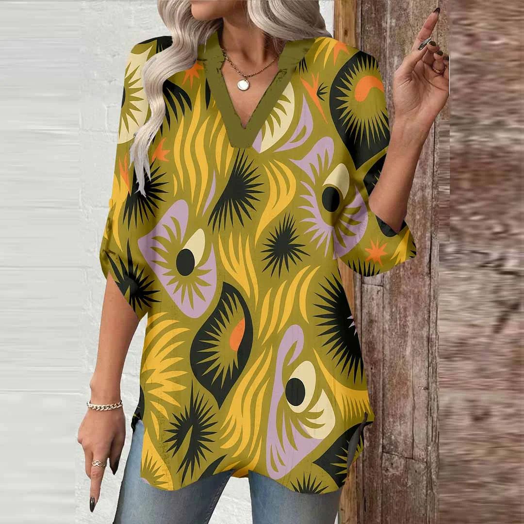 Women Animal, Yellow, Black DZGA0367 3/4 Sleeve V-neck Printed Graphic Button Tops