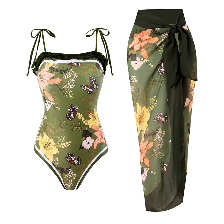 Sling Lace Up Flowers Printed One Piece Swimsuit and Skirt