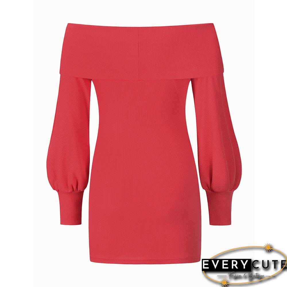 Watermelon Red Rib Lantern Sleeve Off Shoulder Mini Dress