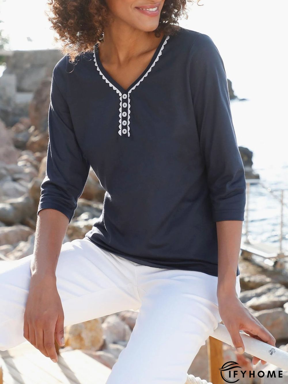 Plain Casual Lace Buttoned Three Quarter Loose T-Shirt | IFYHOME