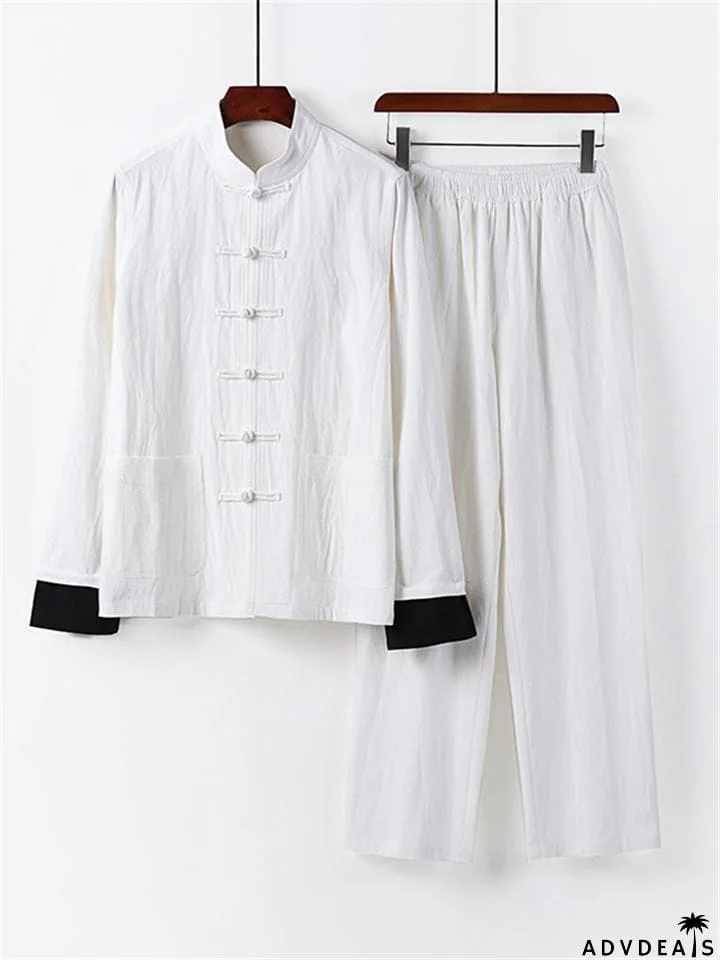 Relaxed Fit 2-Piece Outfit Retro Button Collar Shirt + Elastic Waistband Full-Length Pants