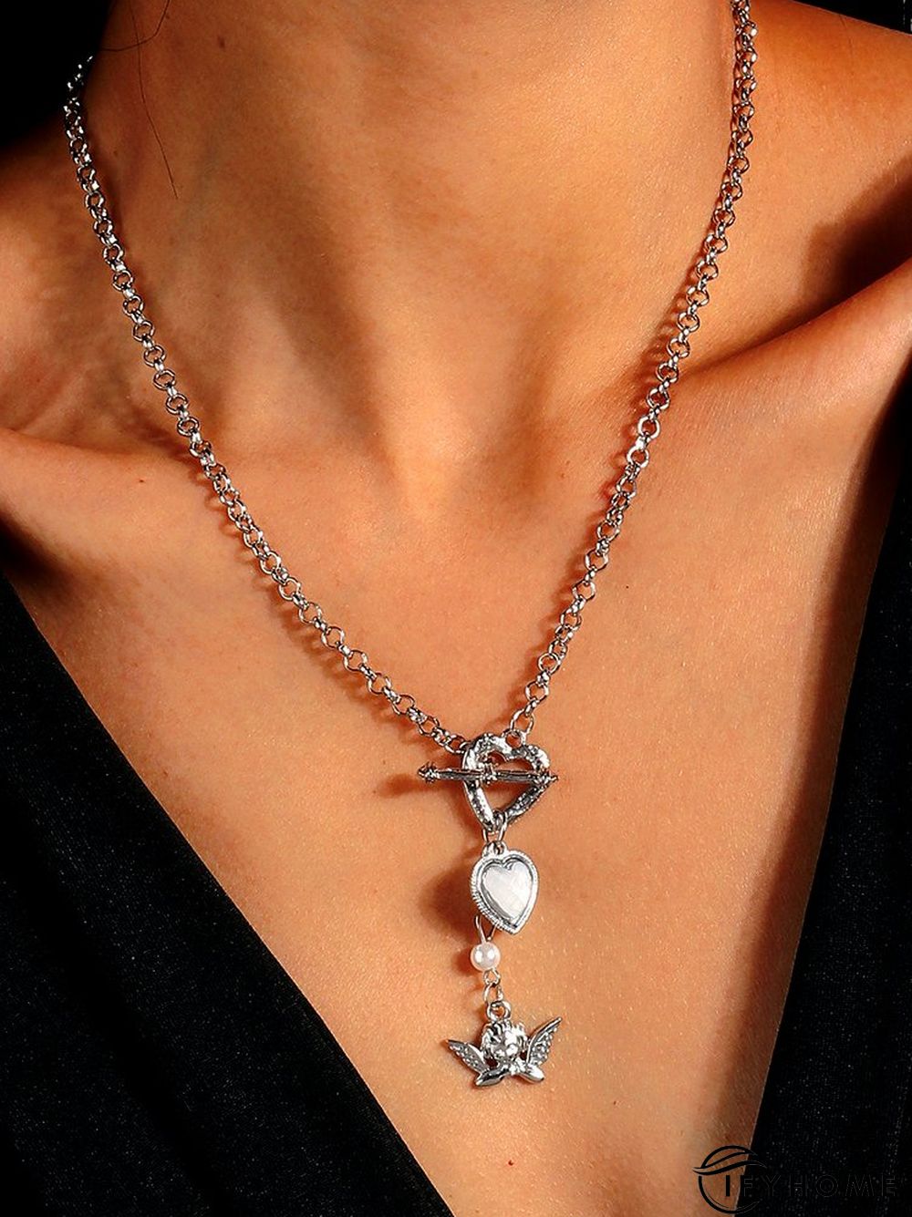 Casual Vintage Silver Heart Chain Necklace Ethnic Vintage Angel Pattern Jewelry | IFYHOME