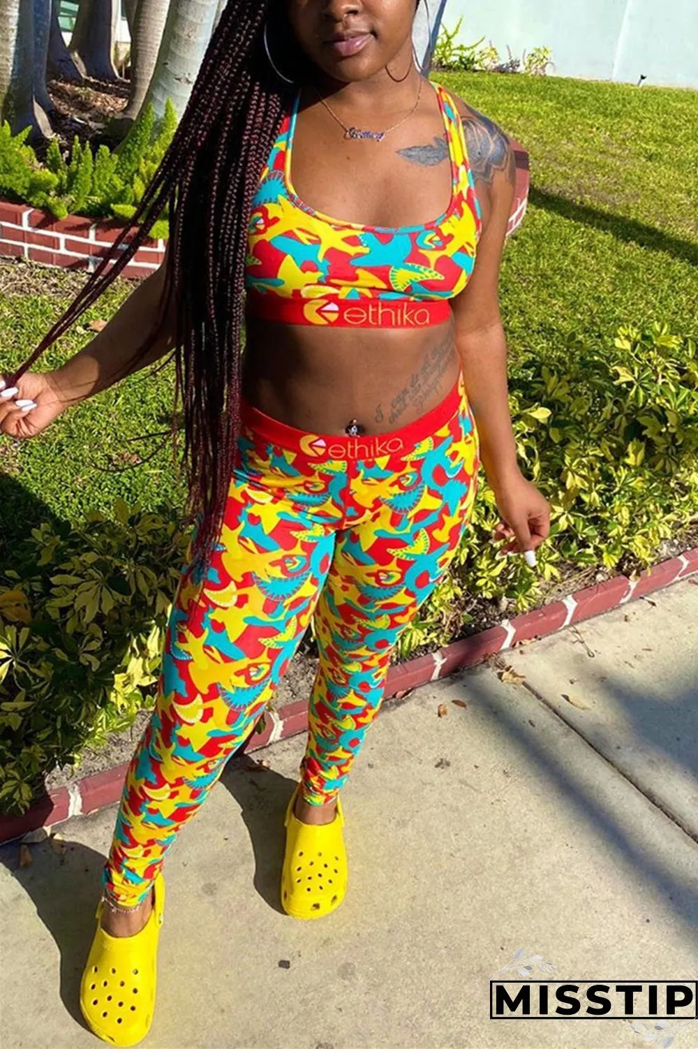 Yellow Fashion Sexy Printed Vest Trousers Set