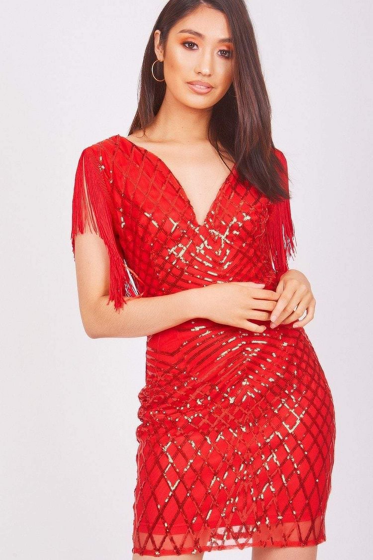 Red Sequin Dress With Shoulder Detail Katch Me