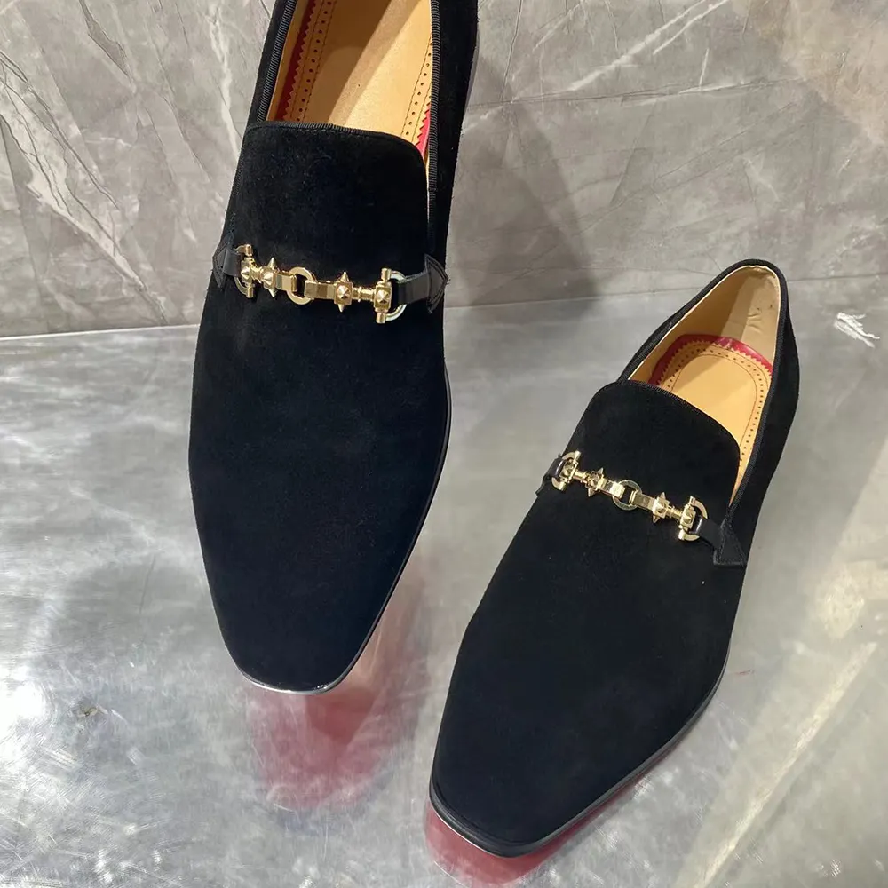 Gentleman's  Black Suede Leather Spike Strap Square Toe Slip-On Dress Prom Wedding Red Bottom Shoes-vocosishoes