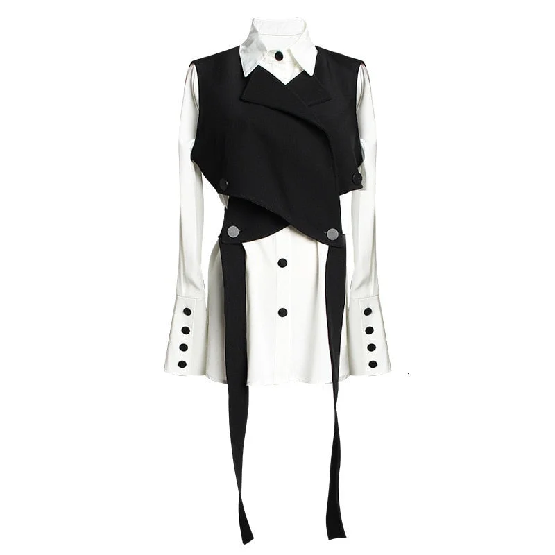 [EAM] Women Black Bandage Vest Two Piece Blouse New Lapel Long Sleeve Loose Fit Shirt Fashion Tide Spring Autumn 2021 JR675