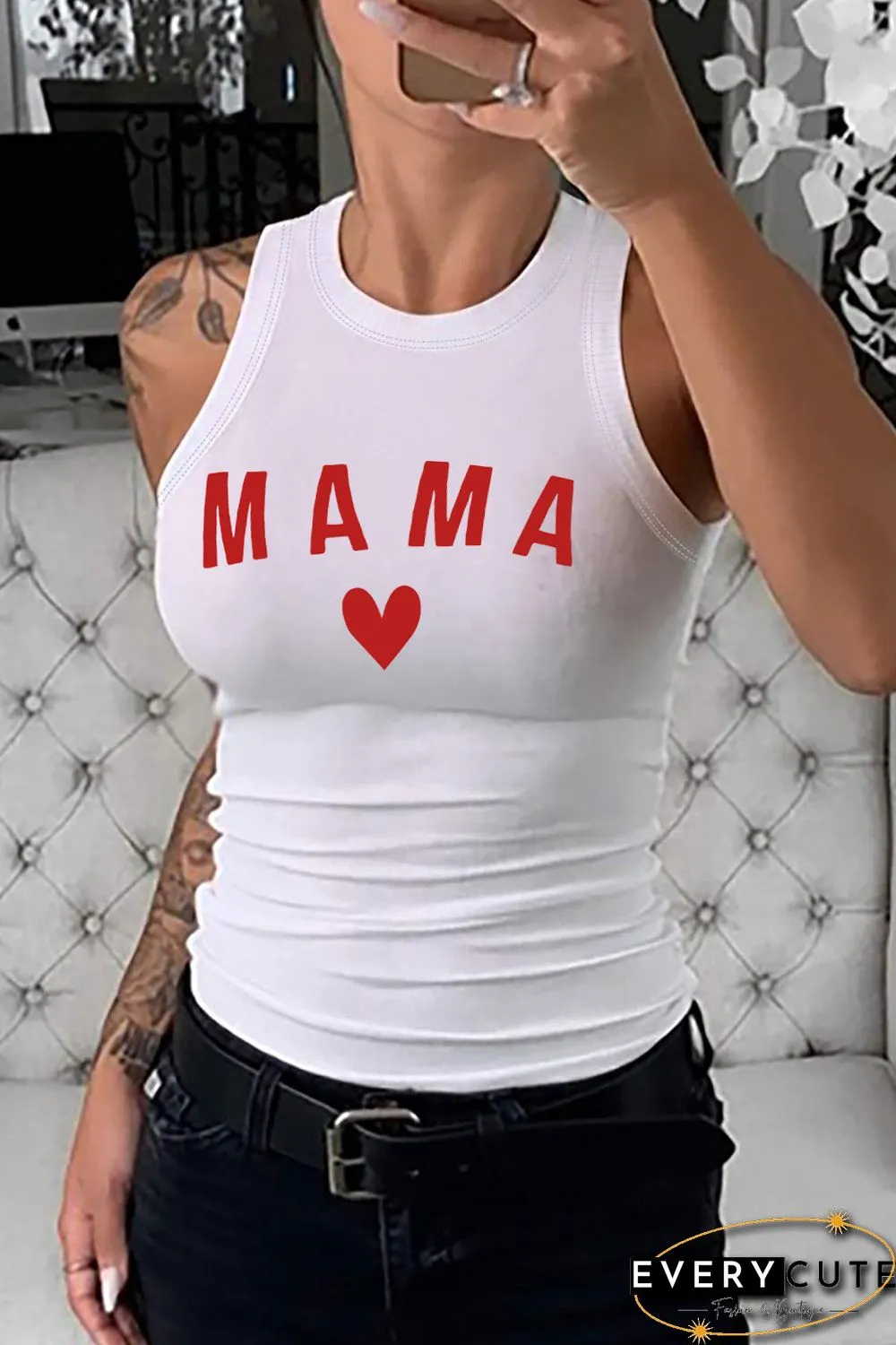 White MAMA Heart Graphic Rib Knit Tank Top