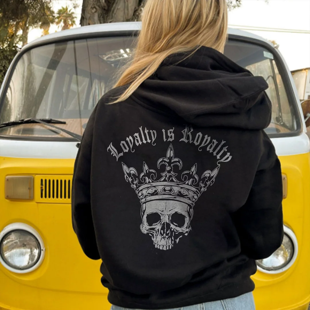 Loyalty is Royalty Skull with Crown Casual  Black Print Hoodie