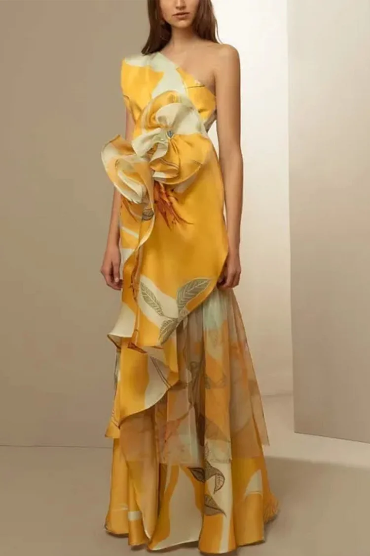 Semi Formal Yellow Plant Print 3D Floral One Shoulder Sleeveless Ruffle Maxi Dress