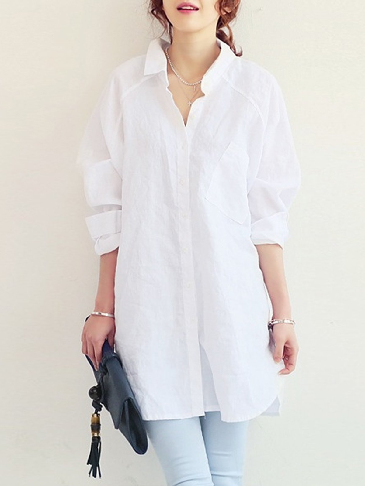 Solid Shirt Collar Linen Casual Blouses&Shirts