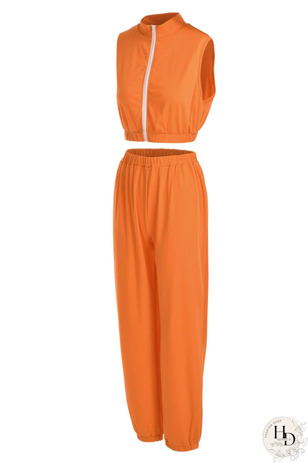Tangerine Casual Solid Split Joint Zipper Zipper Collar Sleeveless Two Pieces
