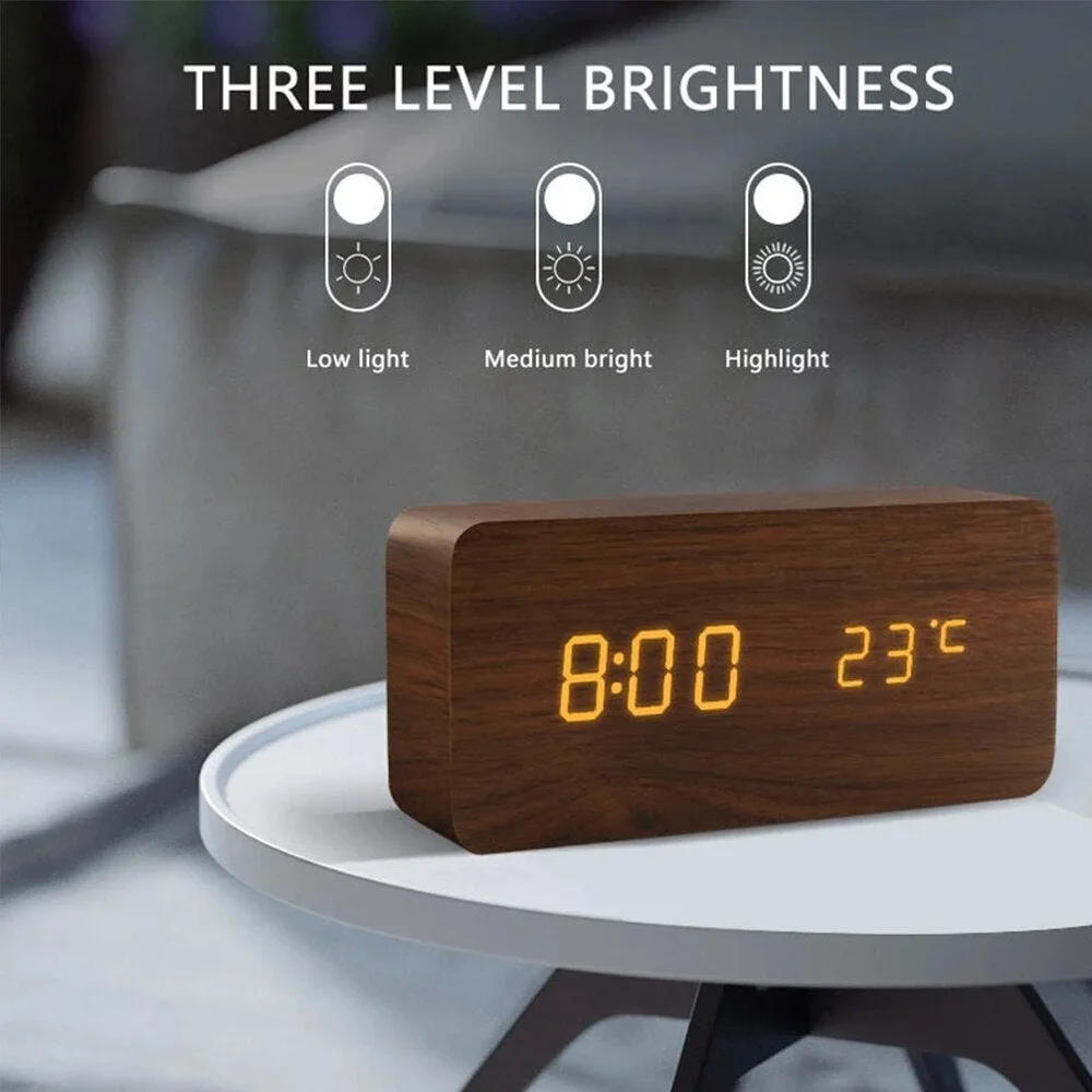 LED Digital Alarm Clock Wooden Watch Table Voice Control Digital Wood Despertador USB/AAA Powered Electronic Desktop Clocks
