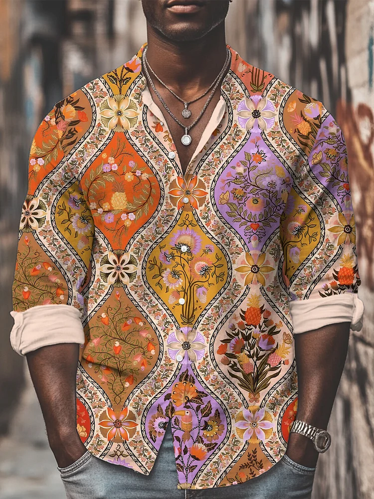 Men's Vintage Traditional Floral Pattern Print Long Sleeve Shirt