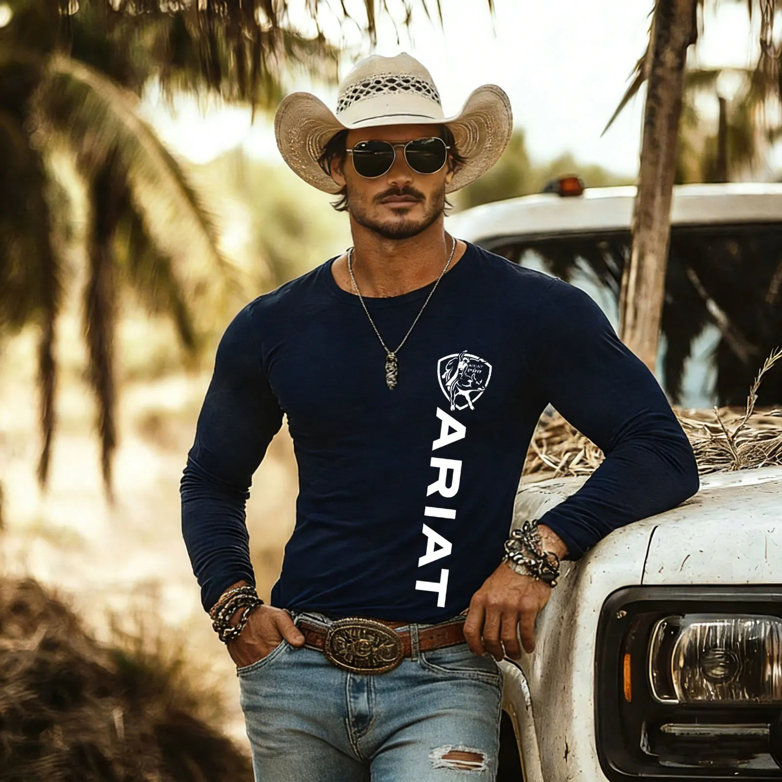 Cotton Long Sleeve T-Shirt For Men With Print, Slim Fit Western Style Crew Neck Shirt