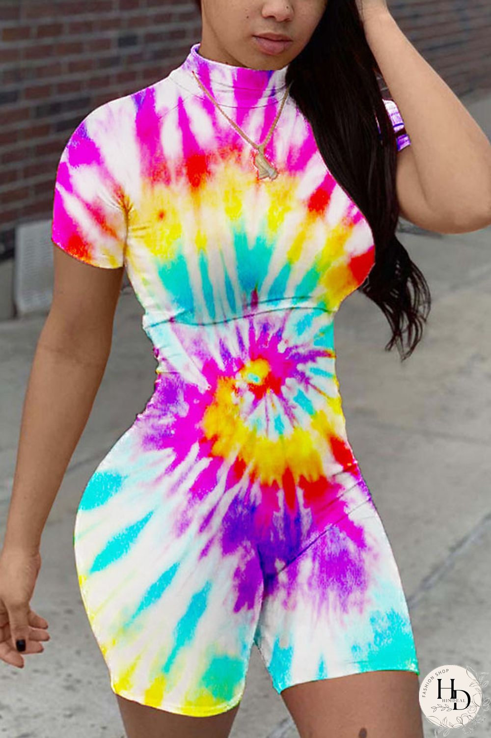 Red Fashion Casual street Print Tie-dyed Polyester Short Sleeve O Neck Jumpsuits