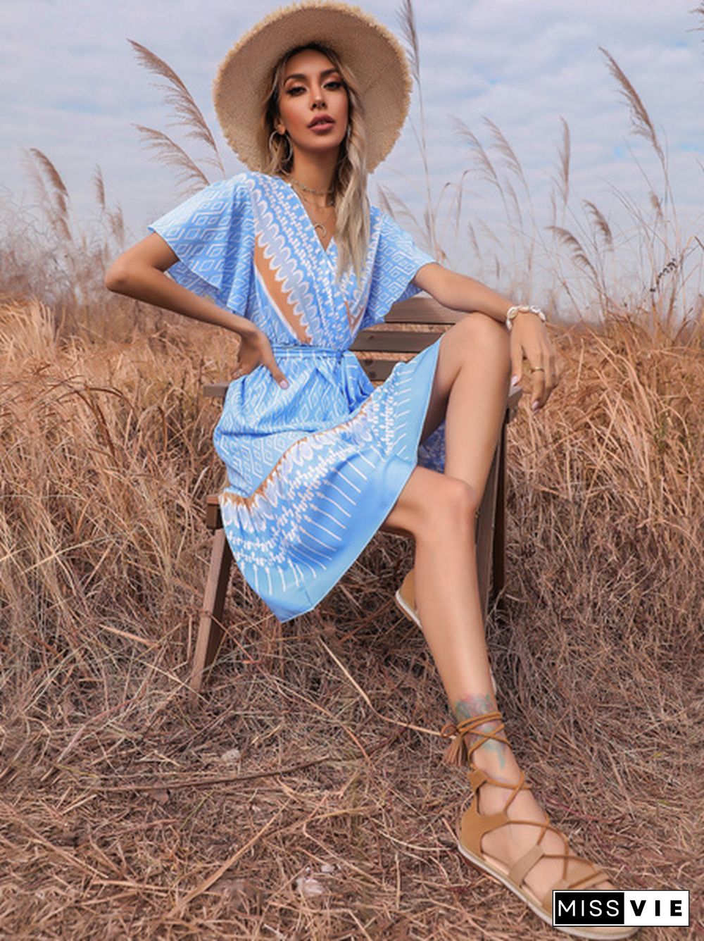 Tribal Print Flutter Sleeve Tie Side Warp Dress