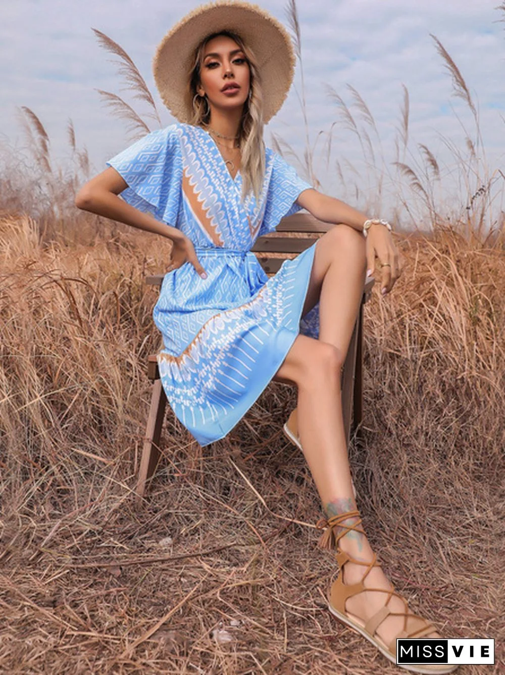 Tribal Print Flutter Sleeve Tie Side Warp Dress