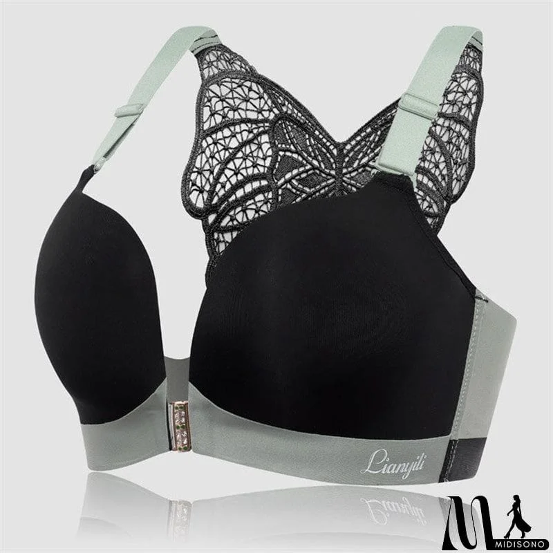 MidiSono - Women's Back Butterfly Embroidered Front Closure Soft Bras - Nude