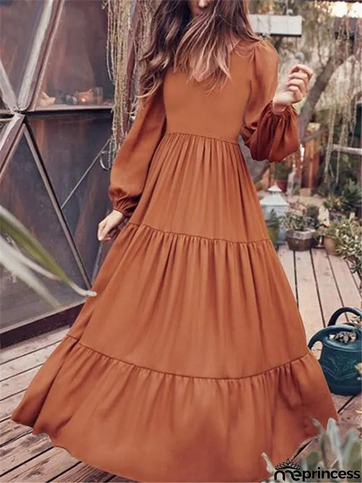 Stylish V Neck Long Sleeve Elastic Cuff Pleated Maxi Dress