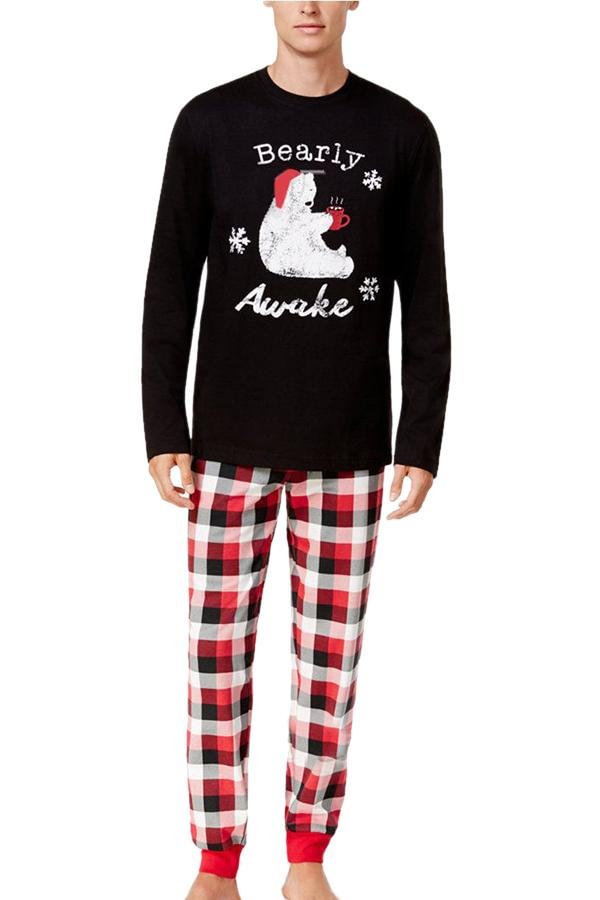 Mens Plaid Bear Snowflake Printed Family Christmas Pajama Set Black-elleschic