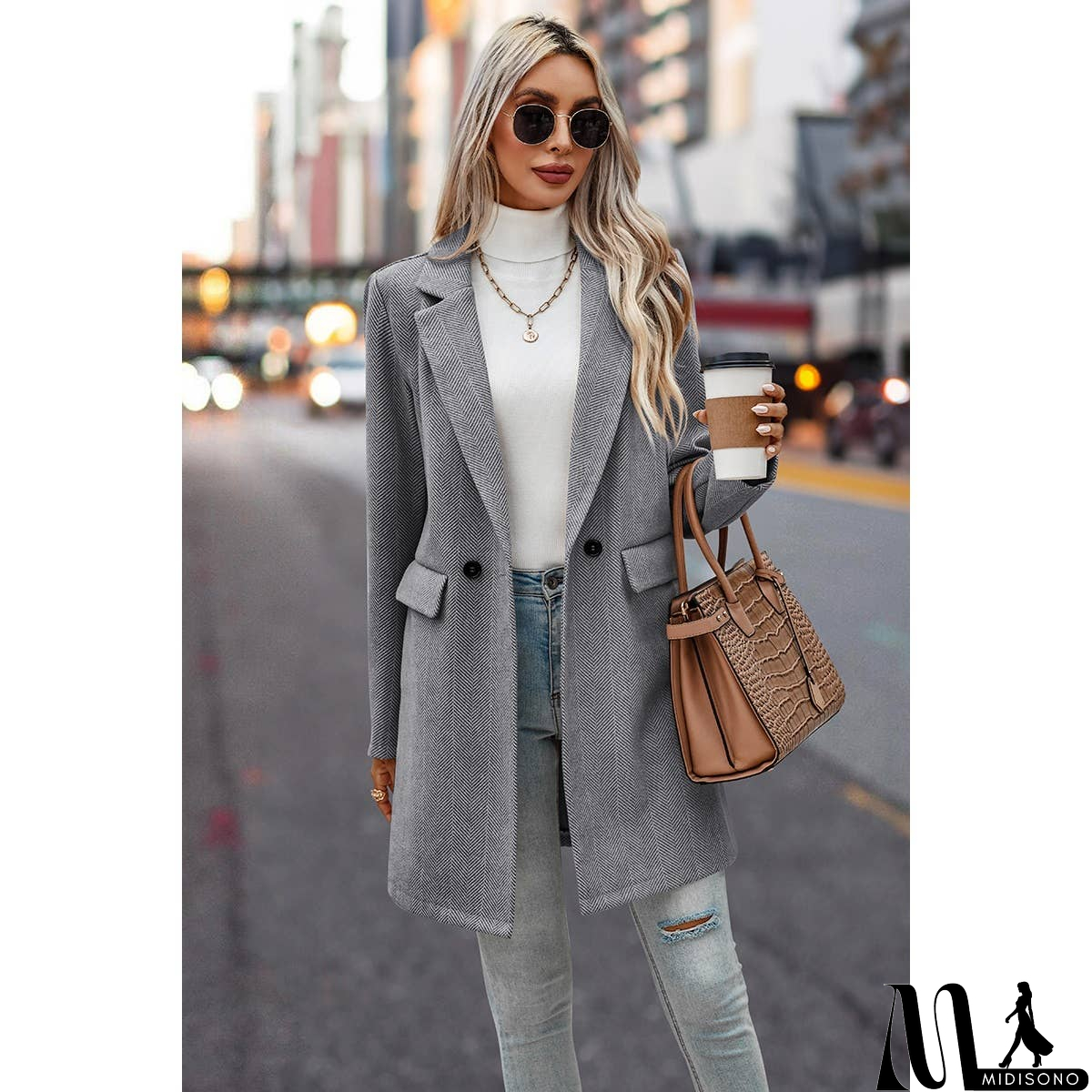 MidiSono - Button Front Open Solid Pockets Fit Blazer