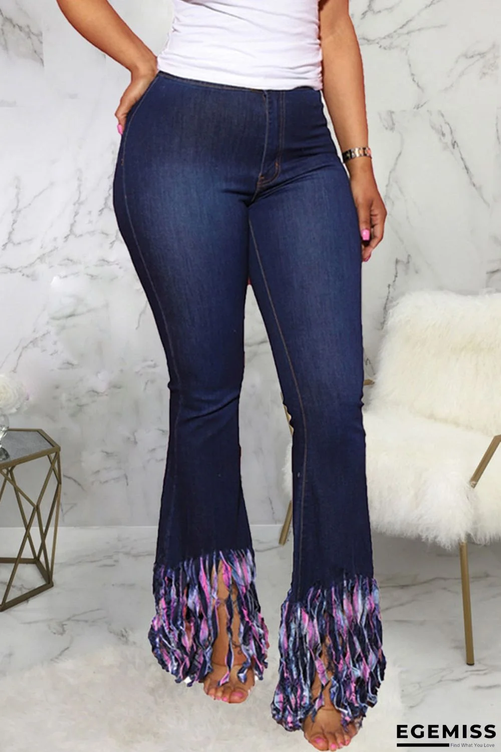 Dark Blue Sexy Solid Tassel Mid Waist Regular Denim | EGEMISS