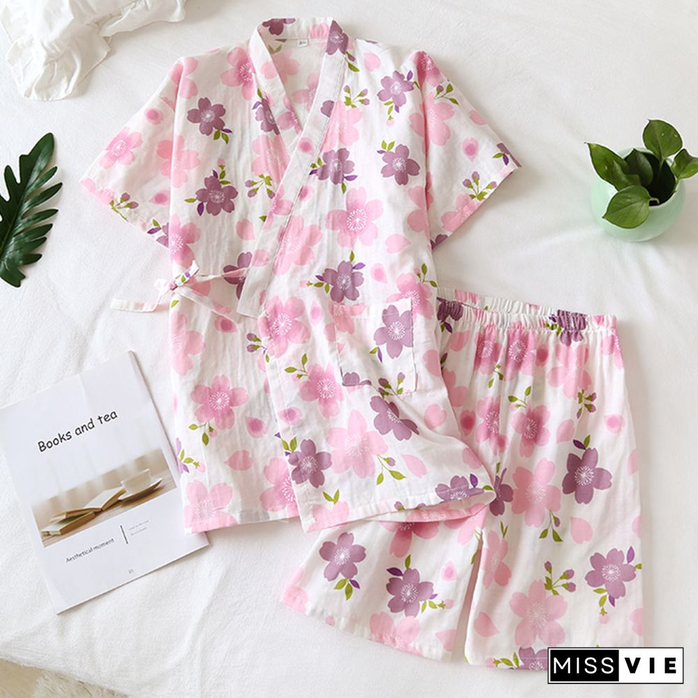 Floral Print Kimono Lace Up Pajamas Set