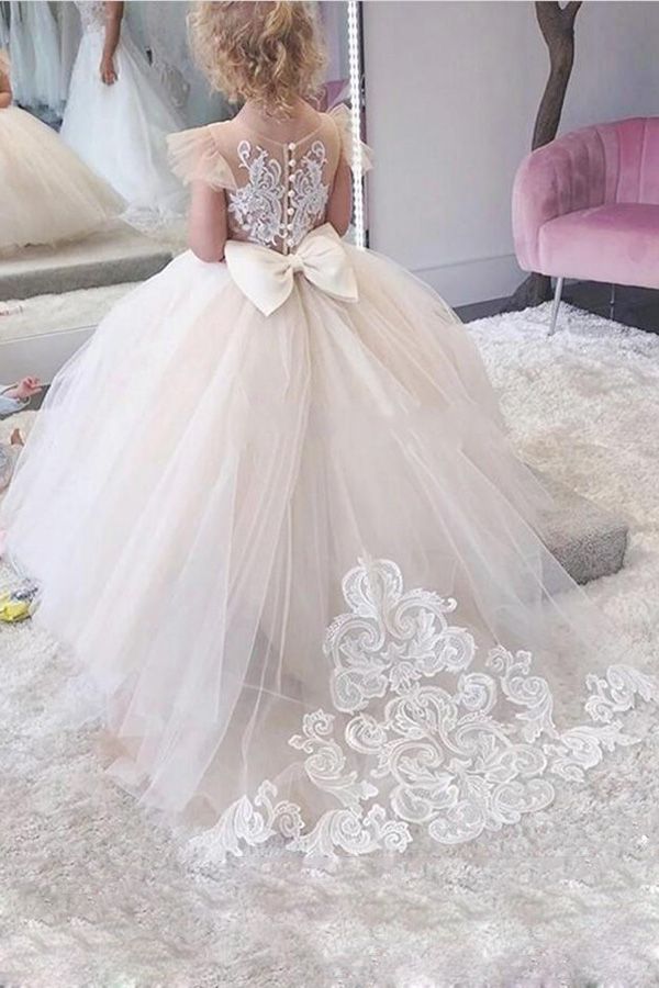 Dresseswow Jewel Sleeveless Ball Gown Flower Girl Dress Tulle with Lace Appliques Bow