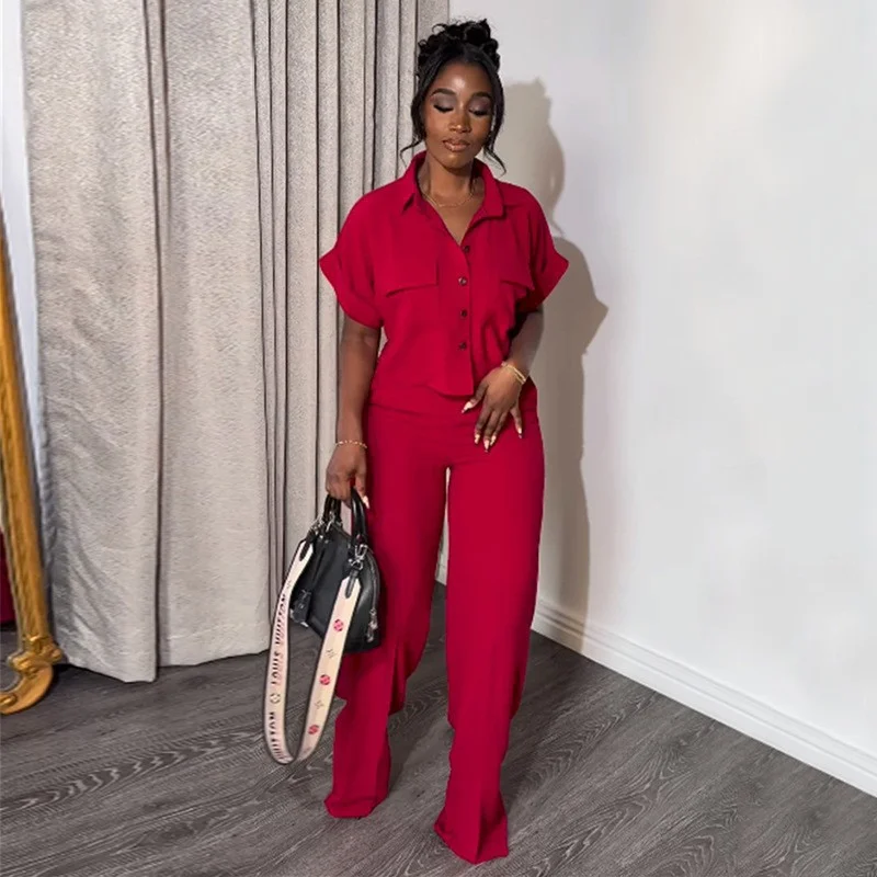 Nigikala Nigikala Women's 2025 Summer New Casual Clip Short Sleeve Shirt Broad Leg Pants Fashion Set