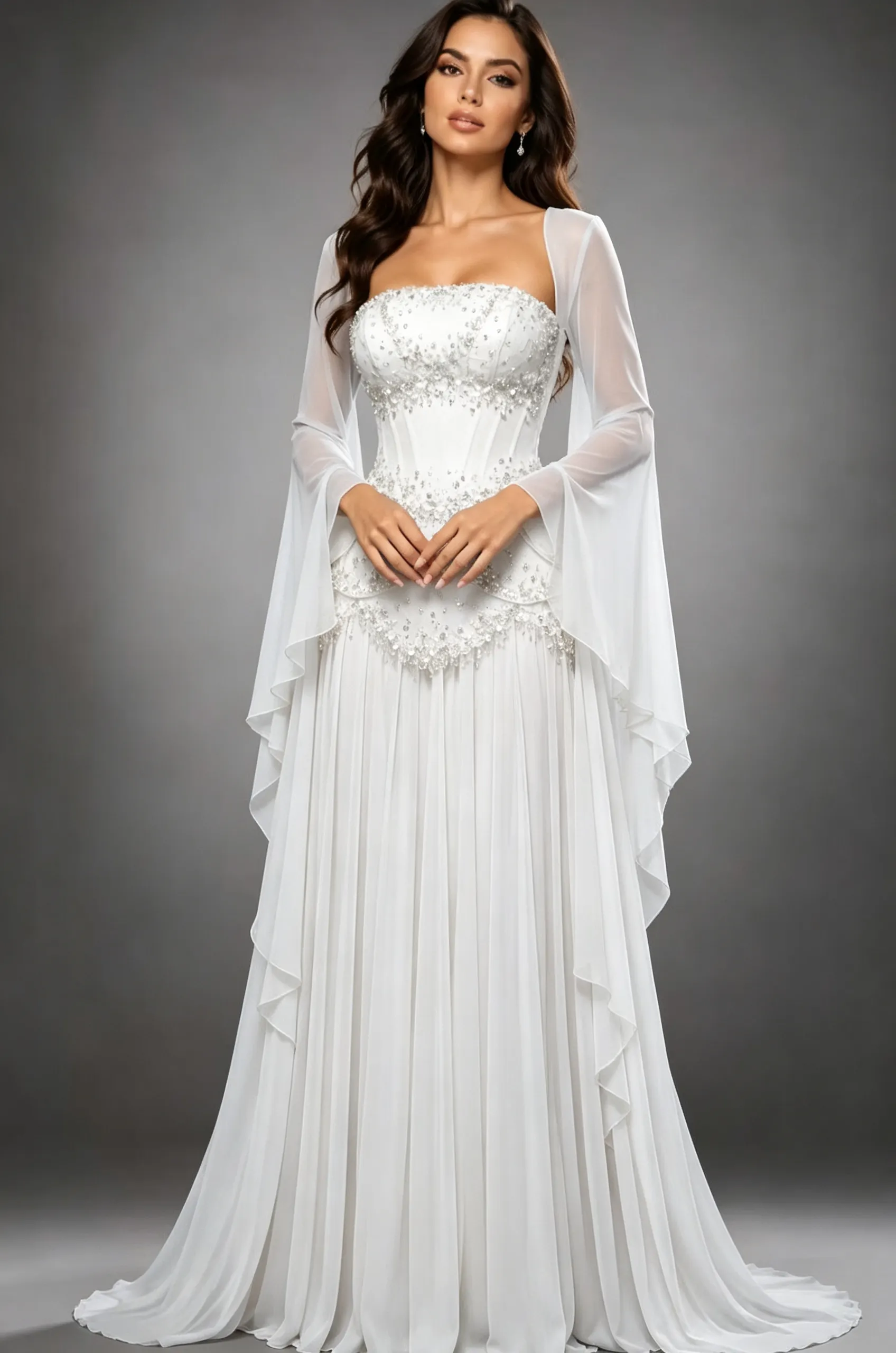 Daisda Chiffon Long Ruffles Sleeves Ruffles Prom Dress With Pleated And Beadings