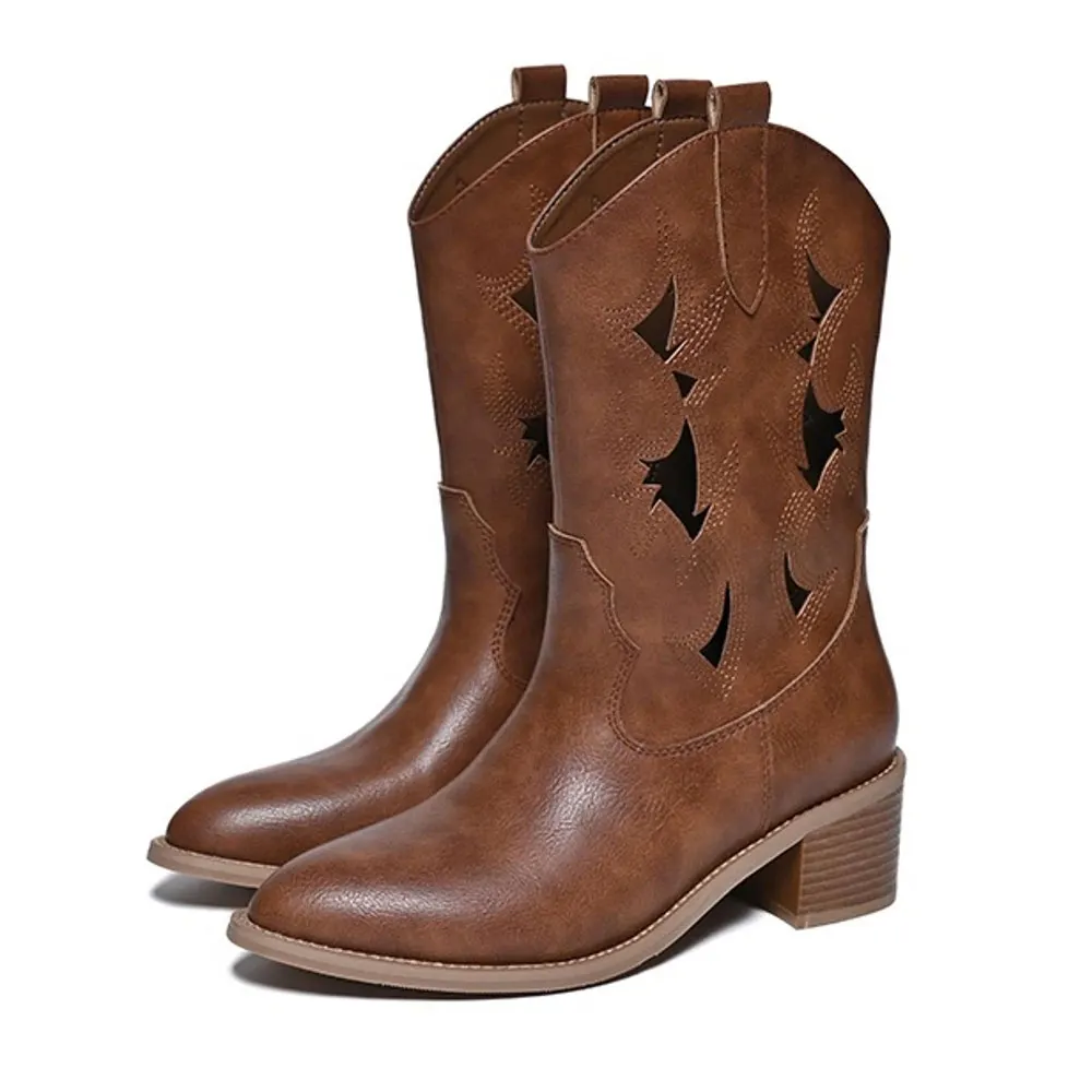 Brown Block Heel Closed Toe Hollow-Out Short Cowboy Boots for Women