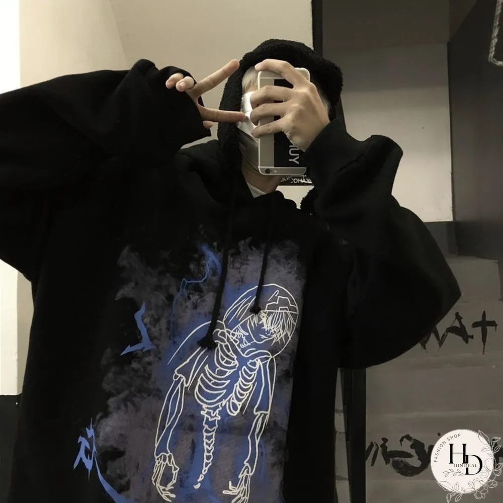 Punk Streetwear Black Printed Hoodies Women Harajuku Hip Hop Oversize Long Sleeve Pullover