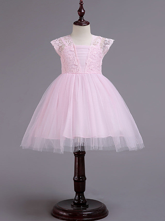 Oknass  Cap Sleeve Square Neck Flower Girl Dresses Lace Tulle Cotton With Lace  Belt