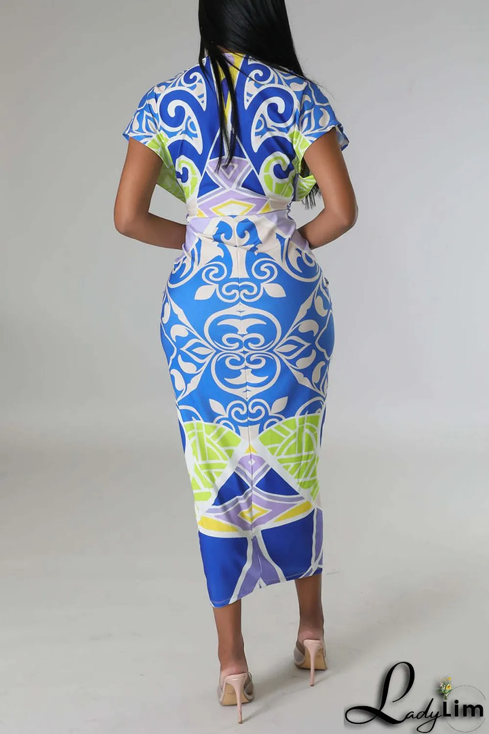 Royal Blue Sexy Print Patchwork Fold V Neck One Step Skirt Dresses