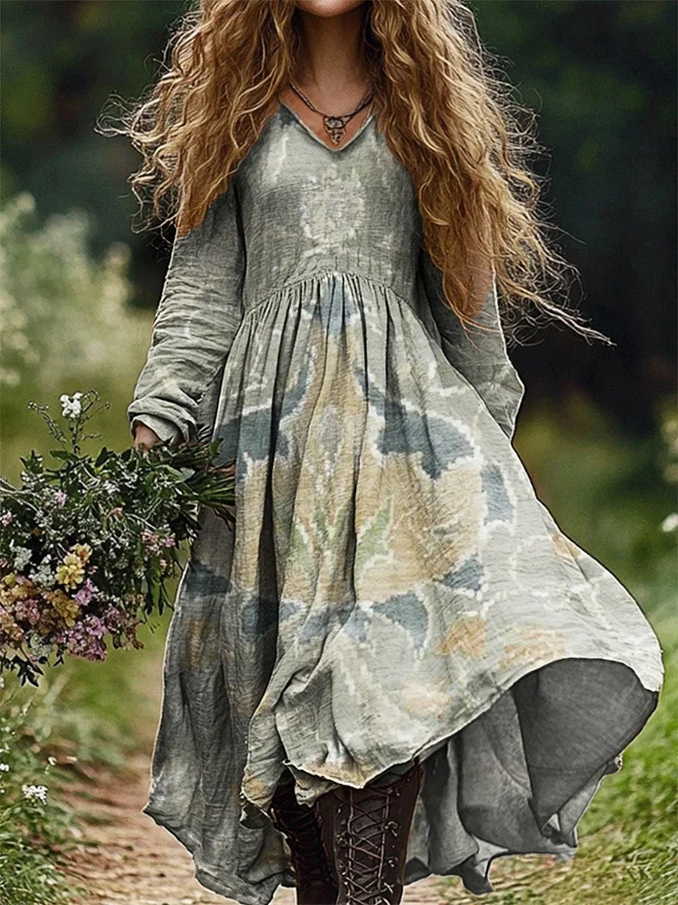 Women's Vintage Floral Art Print Pocket Cotton Dress