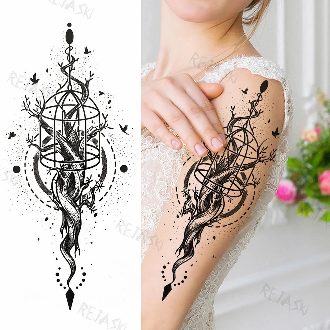 Big Compass Lion Temporary Tattoos For Men Foreearm Women Adults Wolf Tiger Skull Rose Owl Eye Fake Tattoo Sticker Tatoos