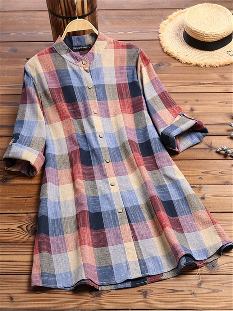 Vintage Print Plaid Multicolor Long Sleeve Button Blouse - Shop Trendy Women's Clothing | LoverChic