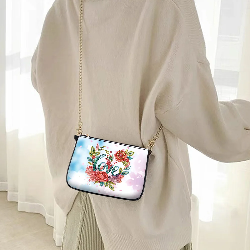 5D DIY Flower Love Diamond Painting Coin Chain Purse Diamond Handmade Crossbody Bag