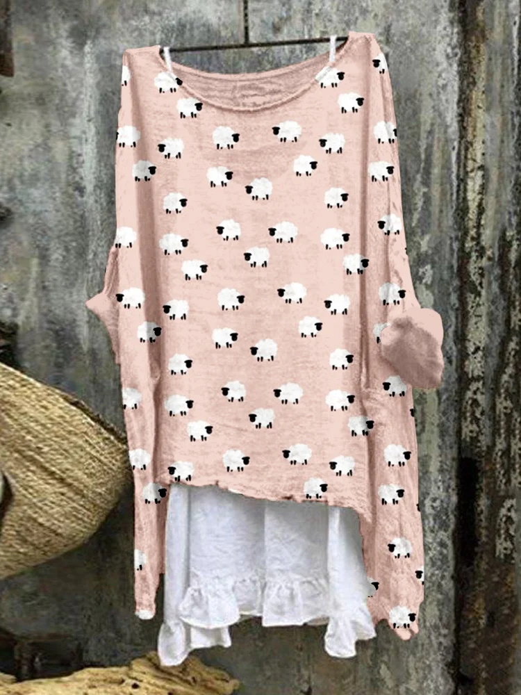 Cute Cartoon Sheep Graphic Linen Blend Flowy Tunic