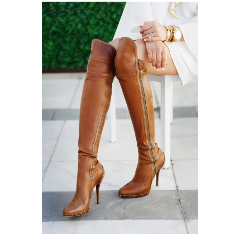 Tan Stiletto Heel Over Knee Long Boots Vdcoo