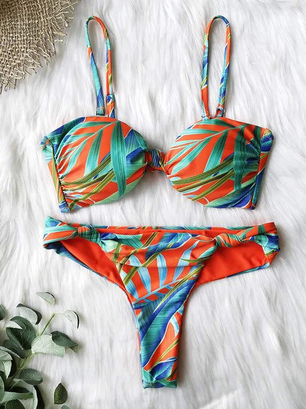 Floral-Print Knotted Split Bikini Swimsuit