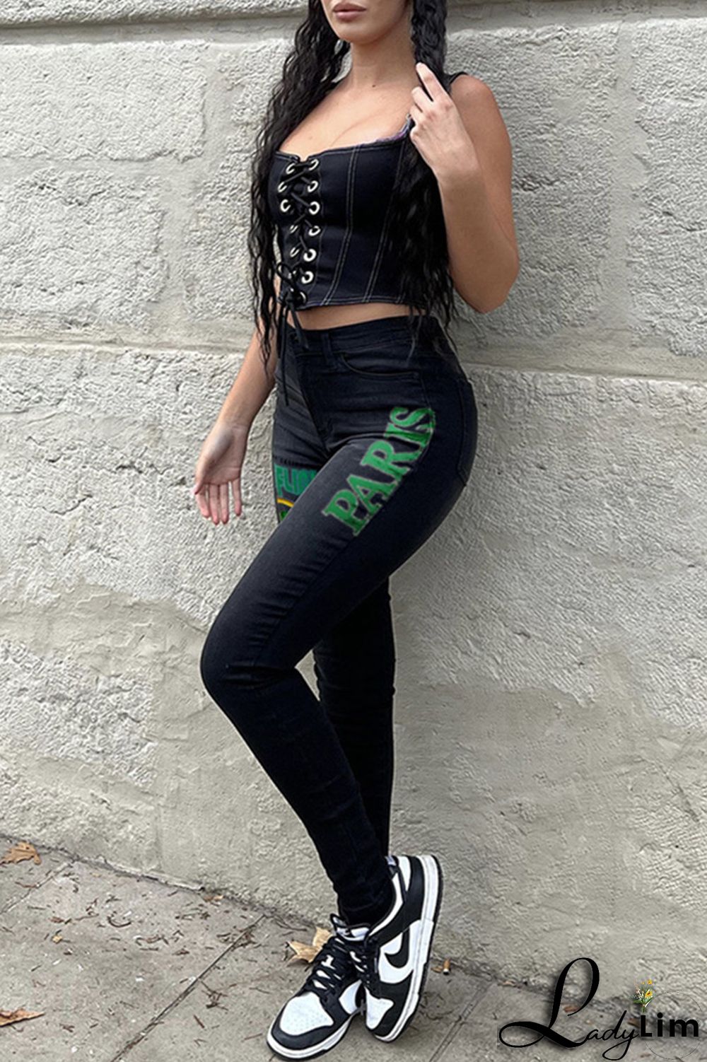 Black Fashion Casual Print Basic Mid Waist Skinny Denim Jeans