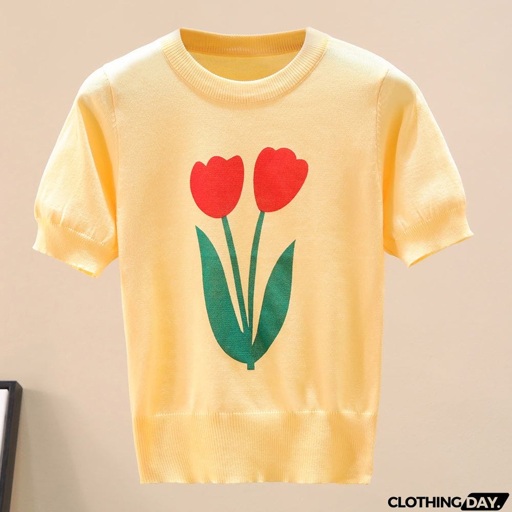 Flower Graphic Ribbed Trim Knit Top