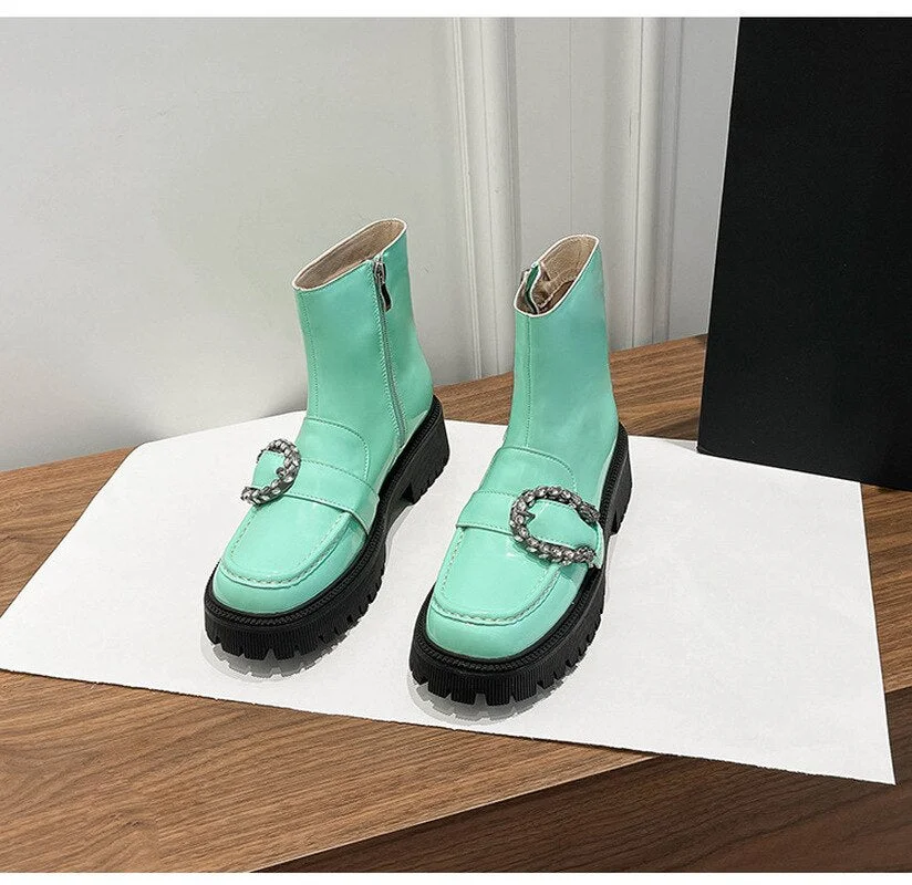 Ladies Bacchus Buckle Ankle Boots 2021 Autumn Winter Thick Bottom Martin Boots Short Tube Women's Patent Leather Platform Shoes