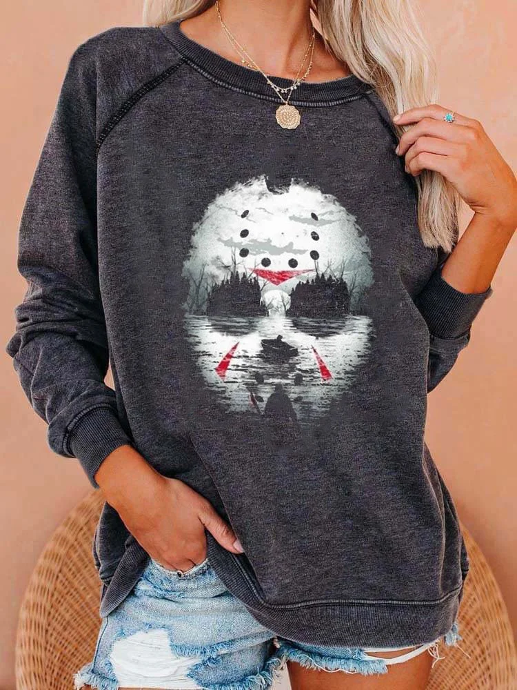 Women's Friday The 13th Halloween Jason Voorhees Mask Print Casual Sweatshirt