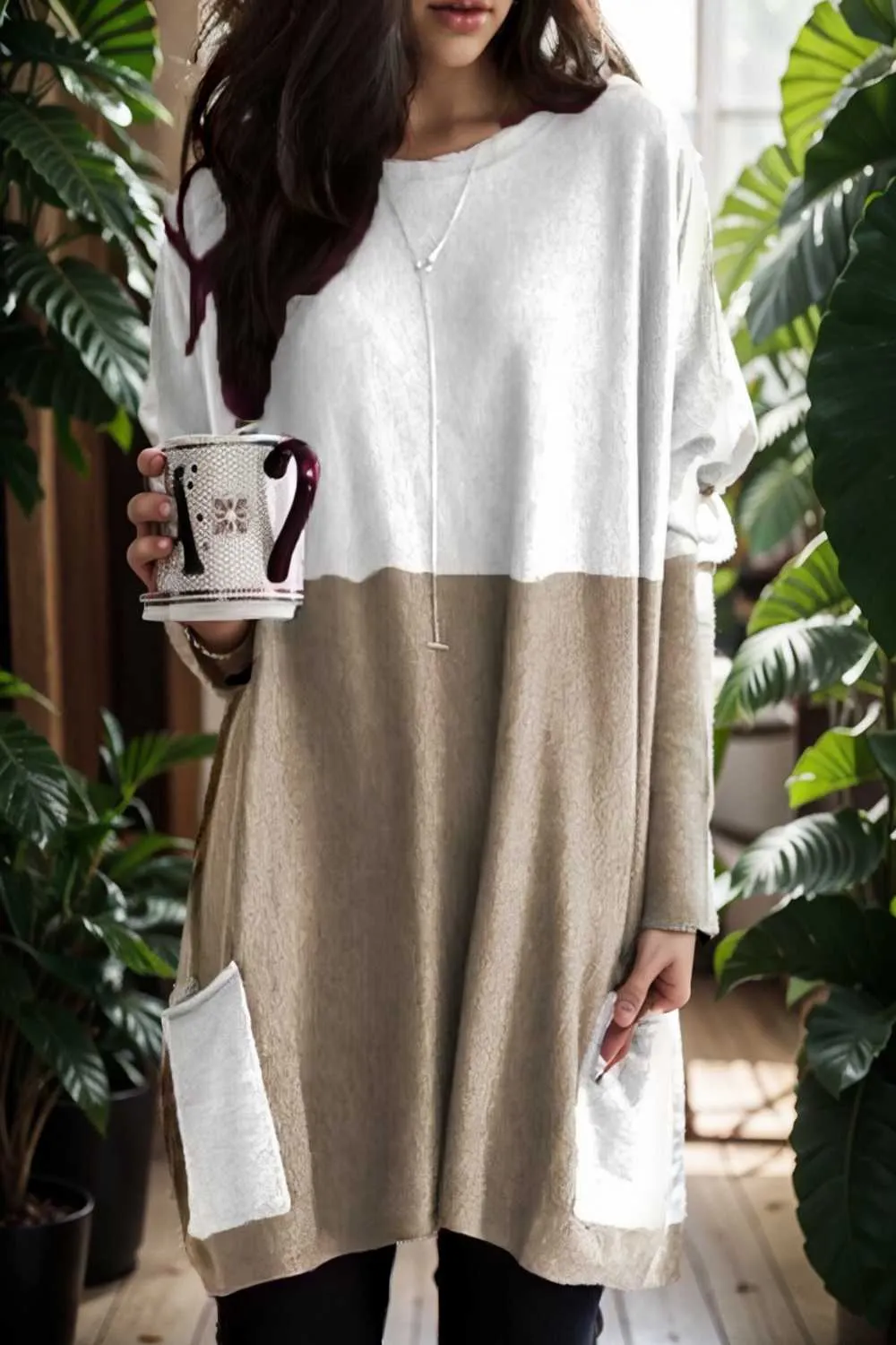 two color stitching pocket loose long sleeve t shirt
