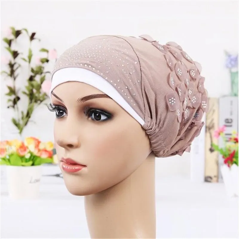 Women's Sequins Flowers Muslim Turban Hat Cap