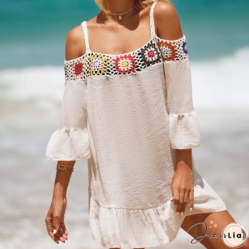 Holiday Suspenders Sun-protective Clothing Crocheted Lace Shoulder Dress Casual Short Solid Color Sunscreen Beach Skirt