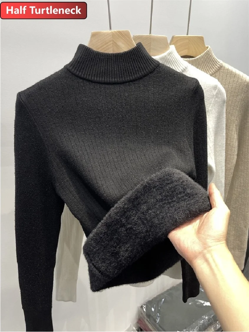 Uveng Warm Sweater Pullover Women Slim Thicken Plush Velvet Lined Knitwear Jumper Korean Half Turtleneck Poleras Soft Knit Tops